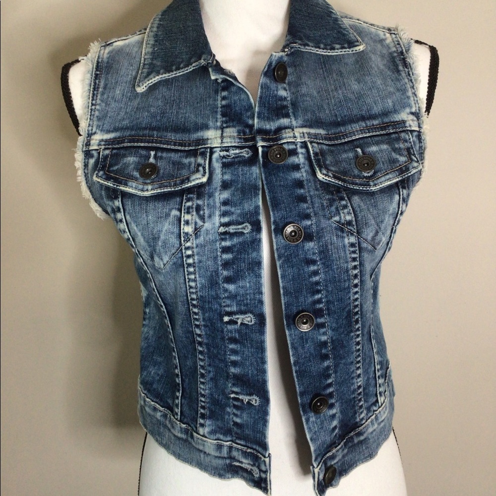 Big Star Distressed Denim Jean Vest S Button Down Fringed Pockets Logo